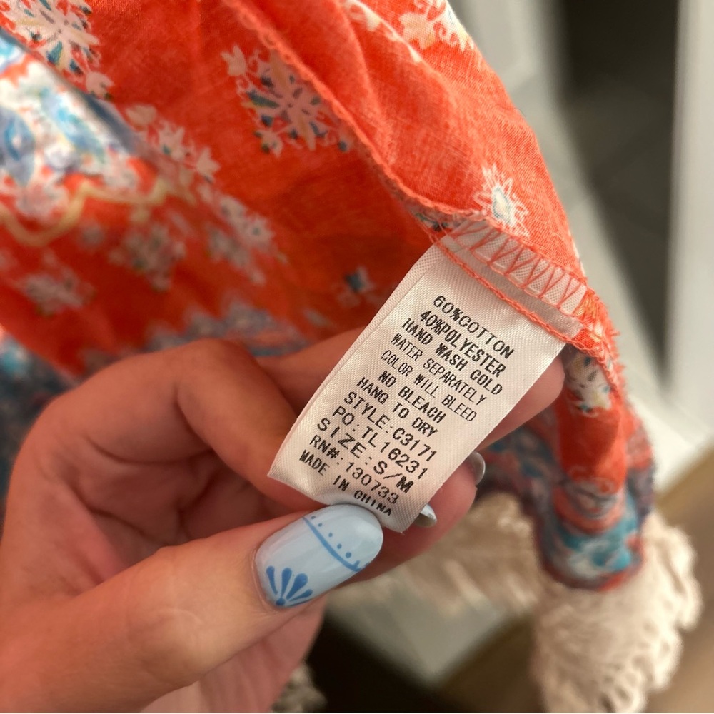 Umgee Bohemian Bright Orange and Blue Fringe Kimono Work Or Swim Cover Up - Picture 5 of 7